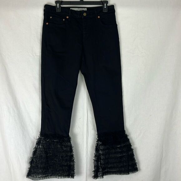 Tu es mon TRESOR EDGE Black Jeans Straight Leg w/ Bell Bottom Ruffle - Picture 1 of 9